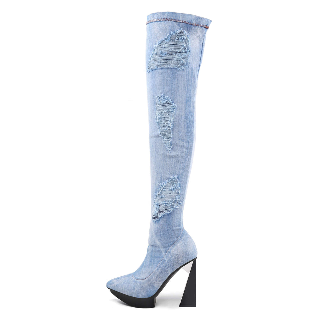 Tattered Light Denim Over-the-knee Boots-0