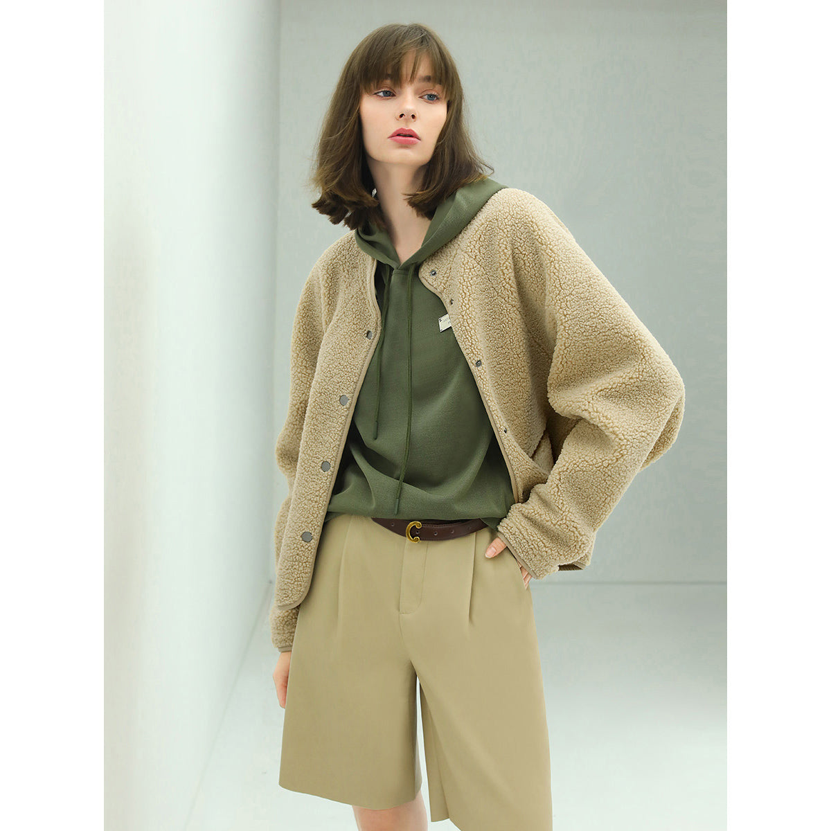 Teddy Letterman Warm Khaki Fleece Jacket-2