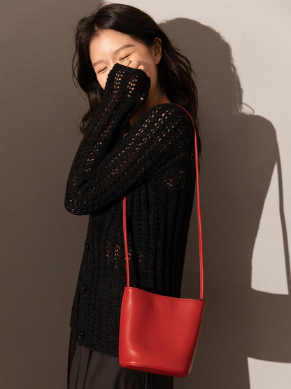 Thin Strap Waterproof Leather Bucket Bag-3