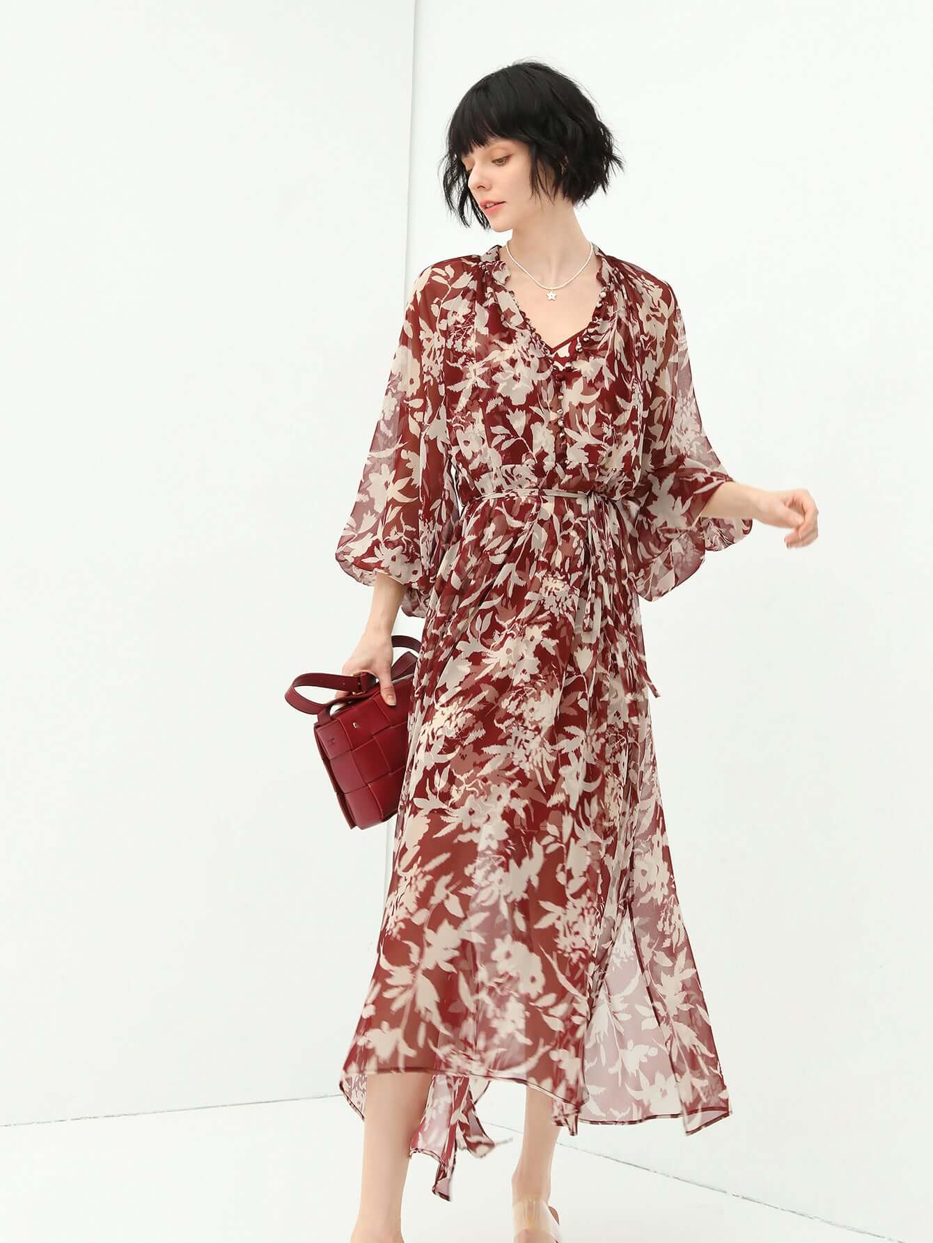 Two-Piece Chiffon Wine Floral Dress Set-0