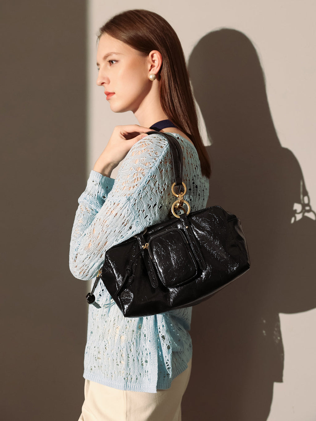 Two Way Shiny Wrinkled Leather Shoulder Bag-2