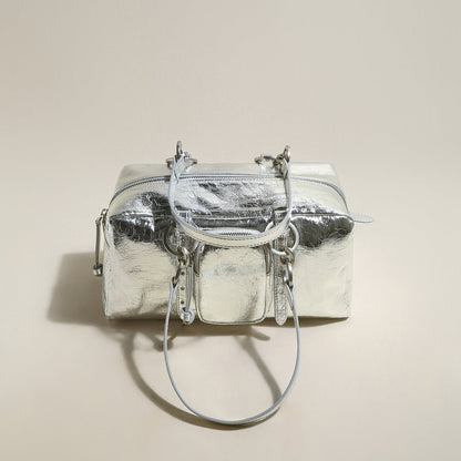 Two Way Shiny Wrinkled Leather Shoulder Bag-4