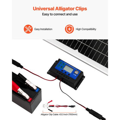 50W 12V solcellsbatteri underhållsladdare, mono solpanel batteriladdare med uppgraderad MPPT-kontroller och justerbar monteringsfäste, IP65 vattentät för bil båt husvagn hustak |  EU