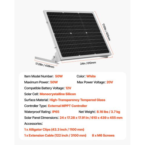 50W 12V Solarzellen-Unterbaubatterie, Mono-Solarpanel-Batterie mit verbessertem MPPT-Kontrollgerät und einfach zu installierender Montage, IP65-Schutz für den Hausgebrauch | EU