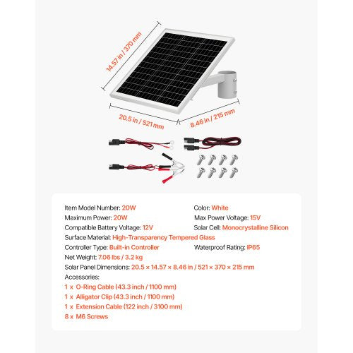 20W 12V solpanelsbatteriladdare, solcellsbatteriunderhållsladdare med inbyggd styrenhet och stolpfäste, IP65 vattentät för grind, staket, gård, gräsmatta (passar 40mm-68mm stolpar) |  EU