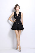 V Neck Double Breasted Pleated Puff Mini Dress-0