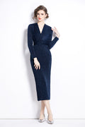 V Neck Tie Waist Bodycon Versatile Velvet Dress-0