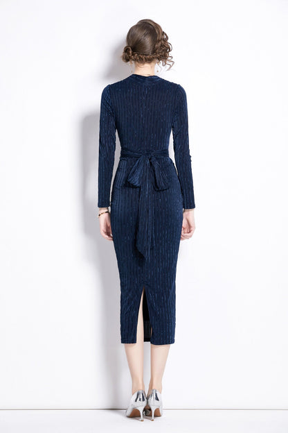 V Neck Tie Waist Bodycon Versatile Velvet Dress-3