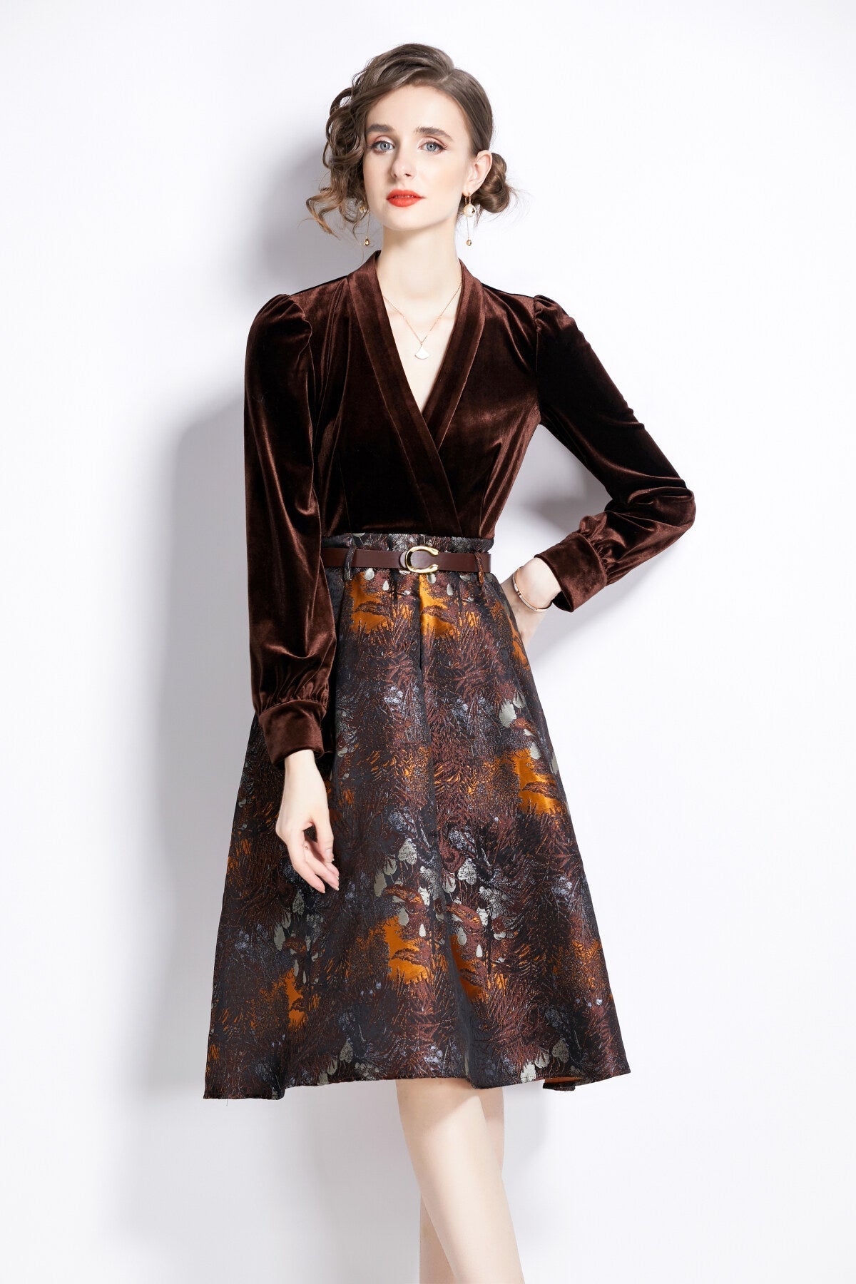 V Neck Velvet Patchwork Coffee Jacquard A Line Dress-1