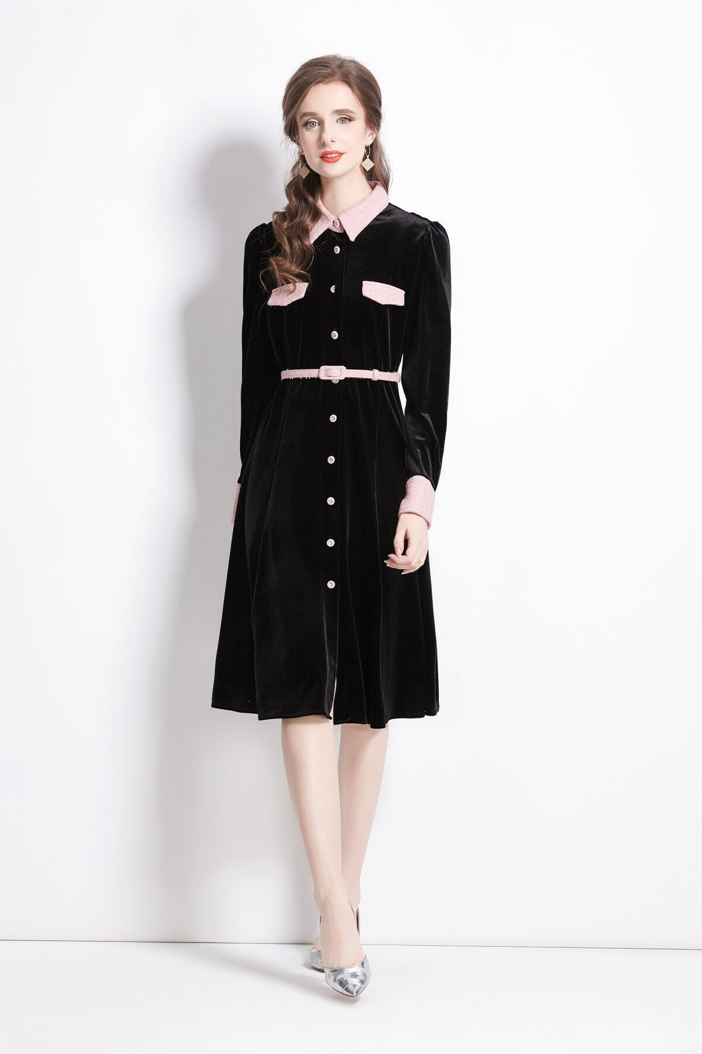 Velvet Slim Fit Black Polo Midi Dress-0