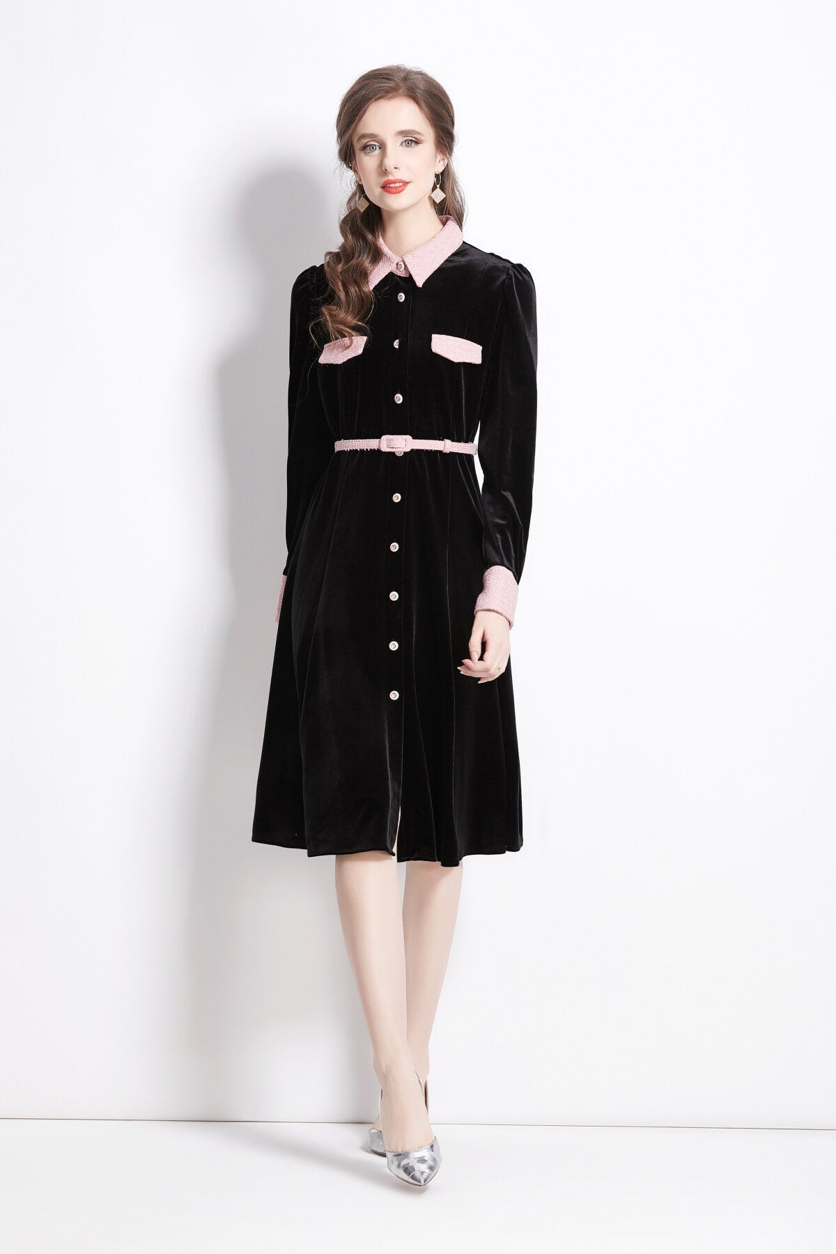 Velvet Slim Fit Black Polo Midi Dress-0