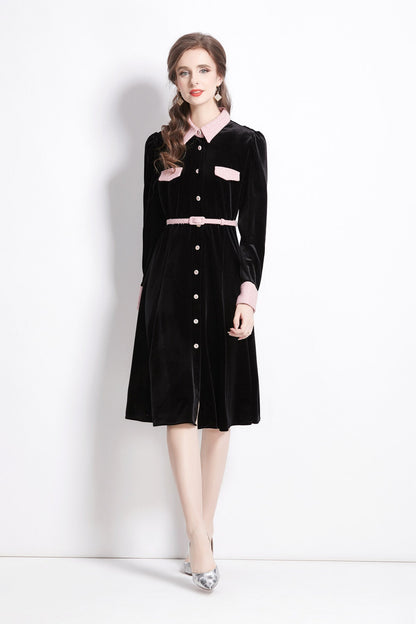 Velvet Slim Fit Black Polo Midi Dress-0