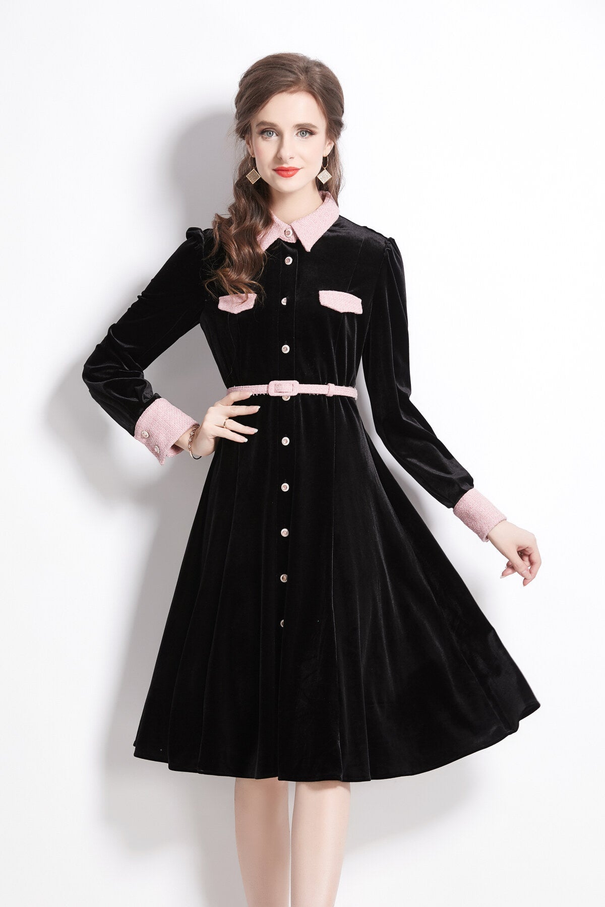 Velvet Slim Fit Black Polo Midi Dress-1