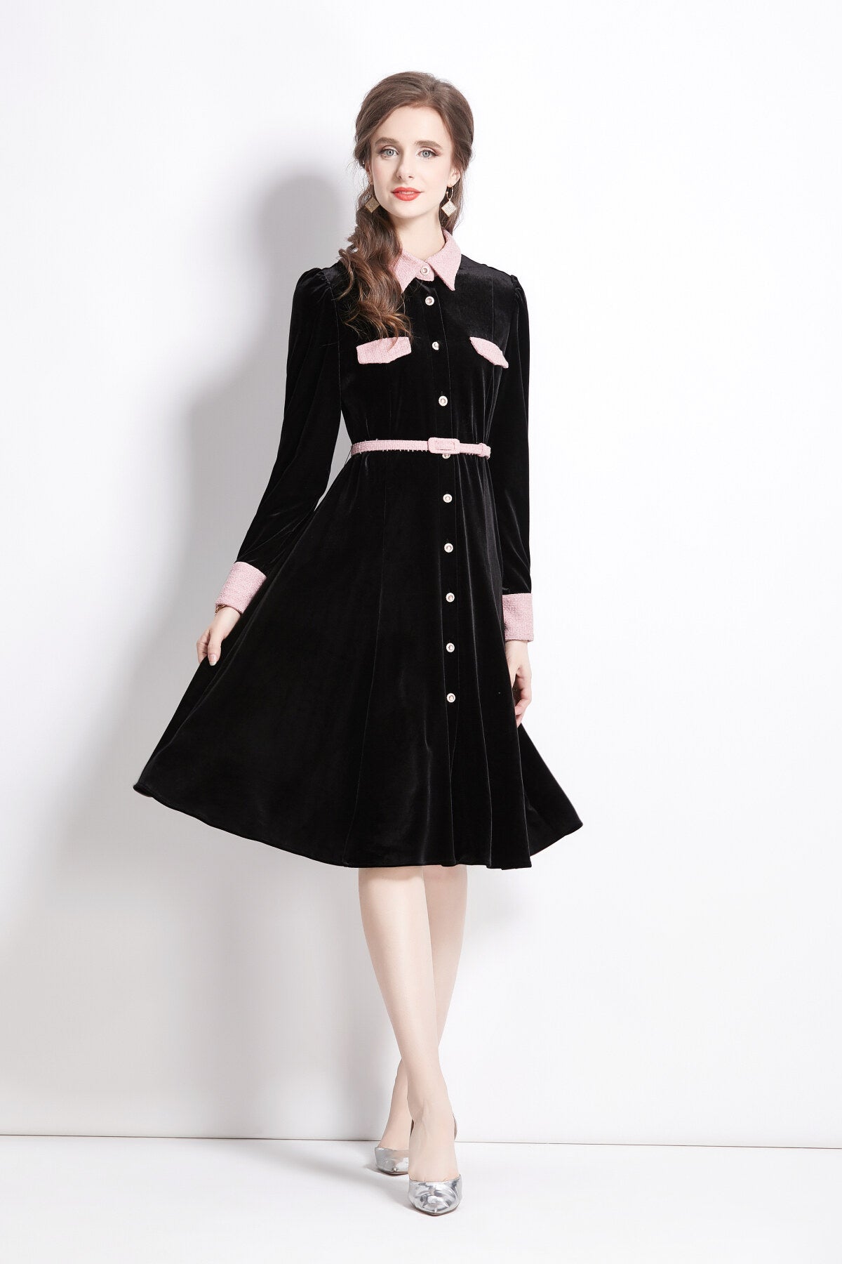 Velvet Slim Fit Black Polo Midi Dress-2