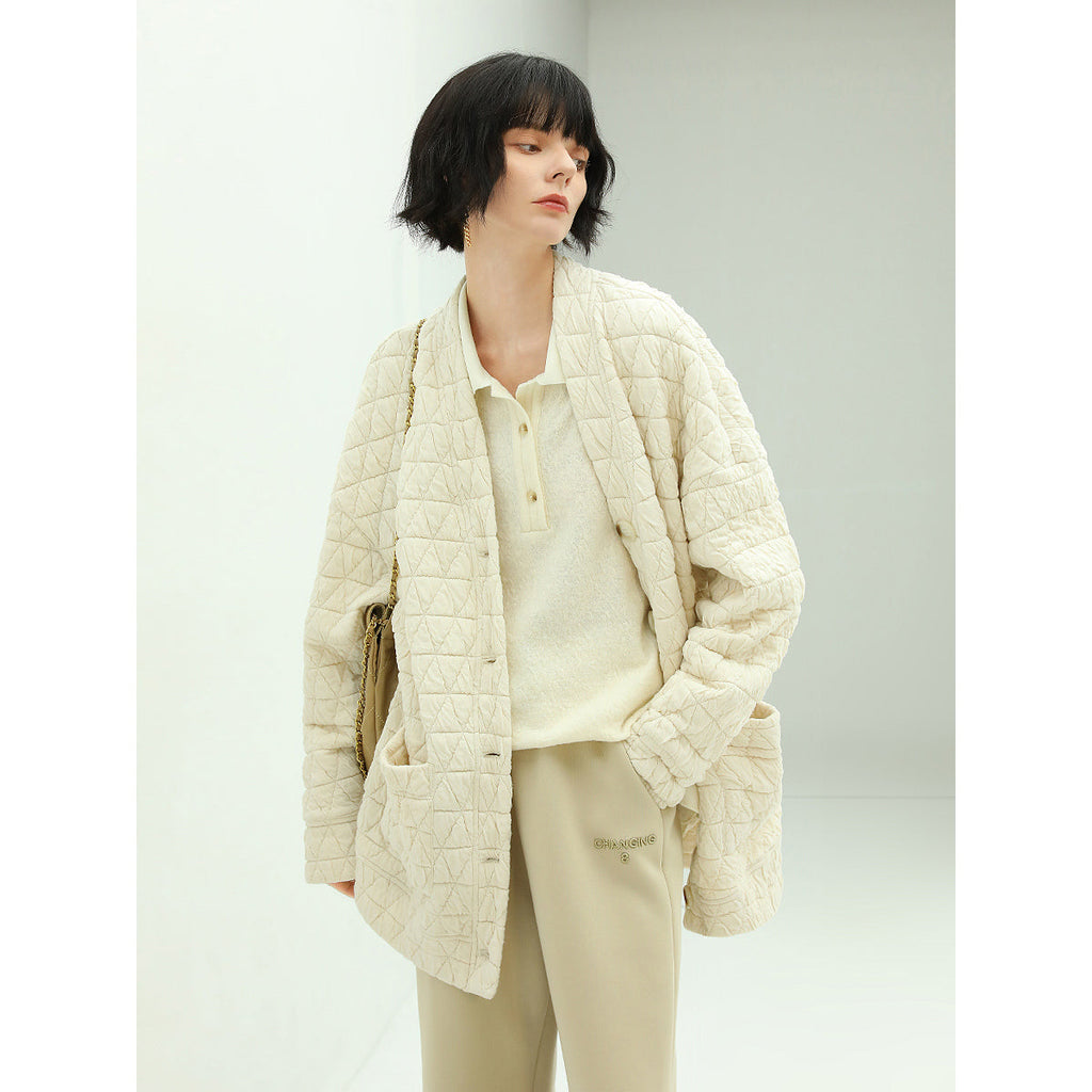 Velvety Collarless Oversized Quilted Coat-0