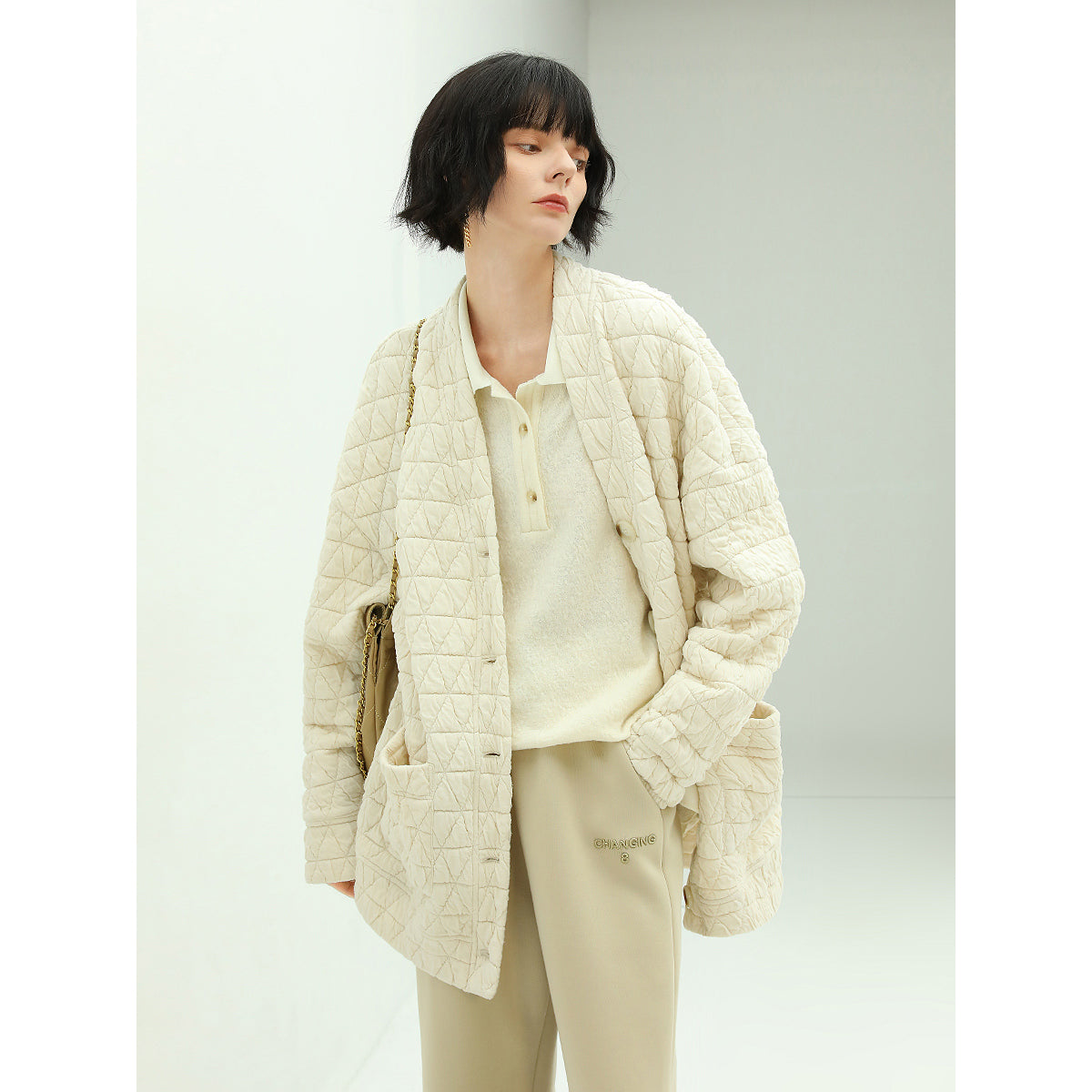 Velvety Collarless Oversized Quilted Coat-0