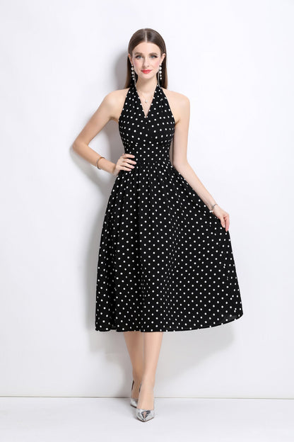 Vintage Halter Polka Dot Sleeveless Fitted Maxi Dress-2