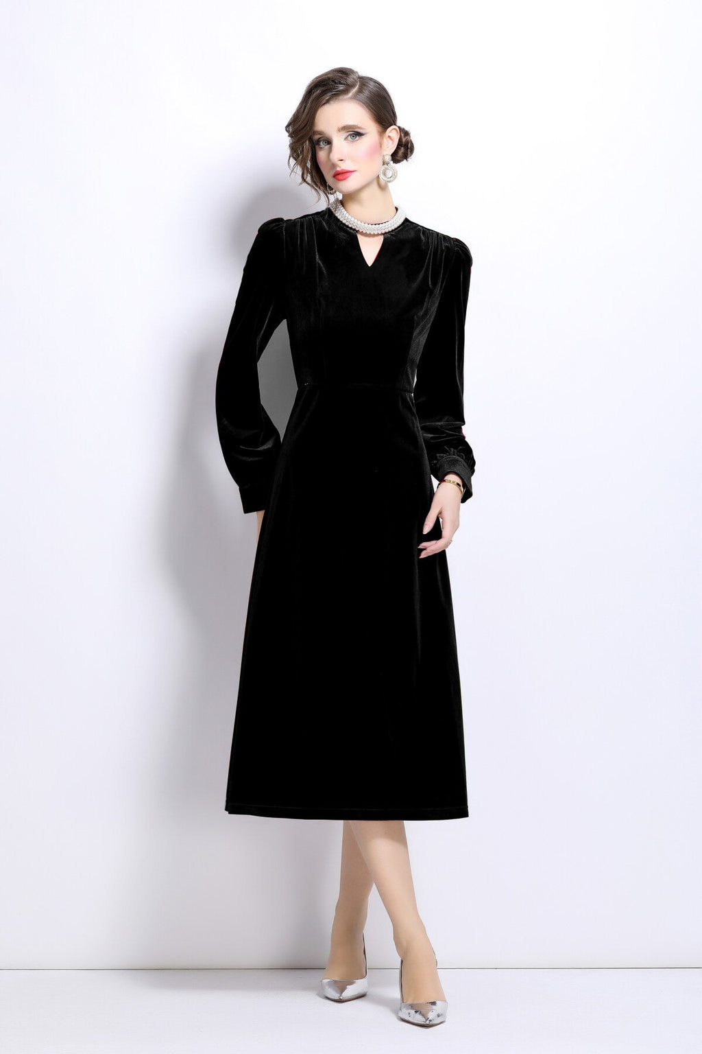 Vintage Pinhole Long Sleeve Velvet Gown-0
