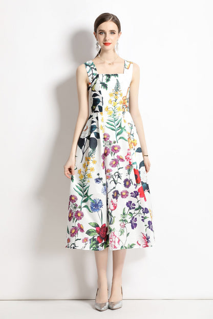 Vintage White Floral High Waisted Thick Strap Dress-0