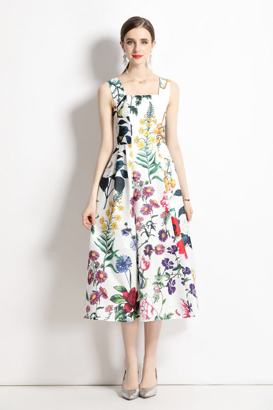 Vintage White Floral High Waisted Thick Strap Dress-0