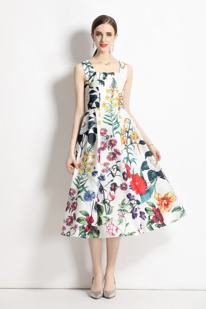 Vintage White Floral High Waisted Thick Strap Dress-2