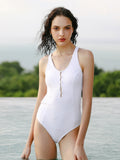 White Button Up One Piece Swimsuit-0