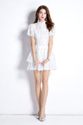 White Embroidered Puff Sleeve French Dress-0