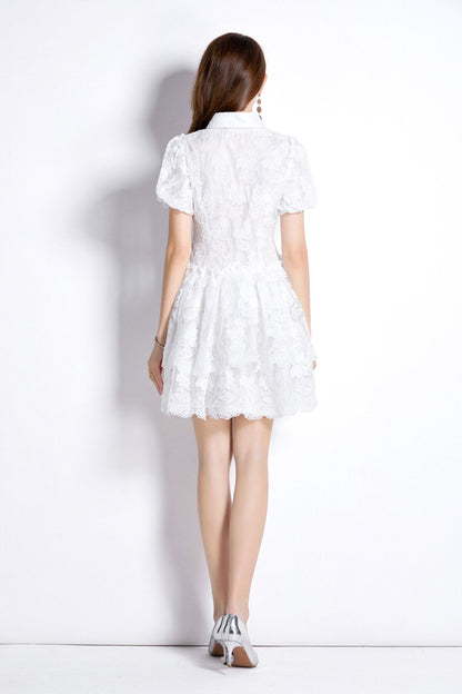 White Embroidered Puff Sleeve French Dress-3