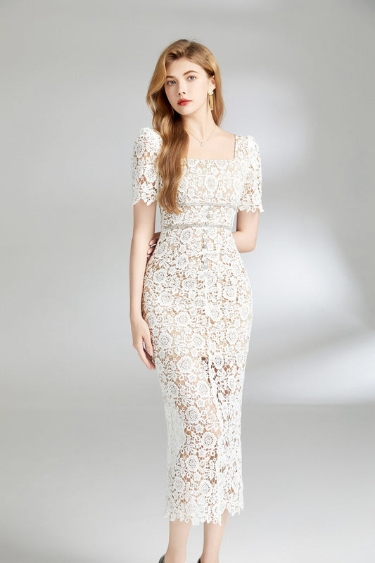 White Floral Lace Cut Out Dress-1