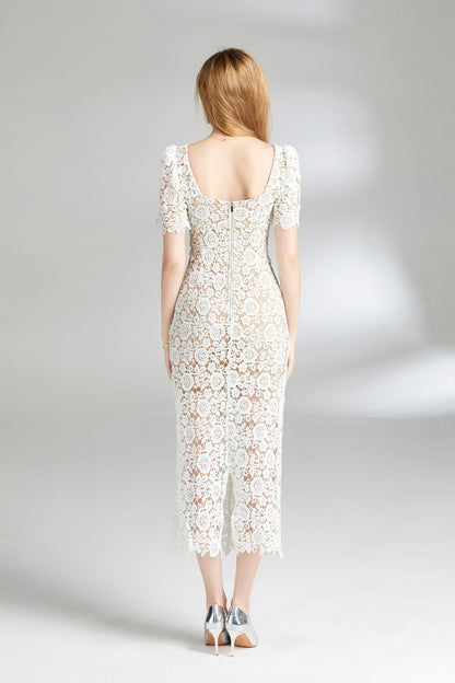 White Floral Lace Cut Out Dress-3