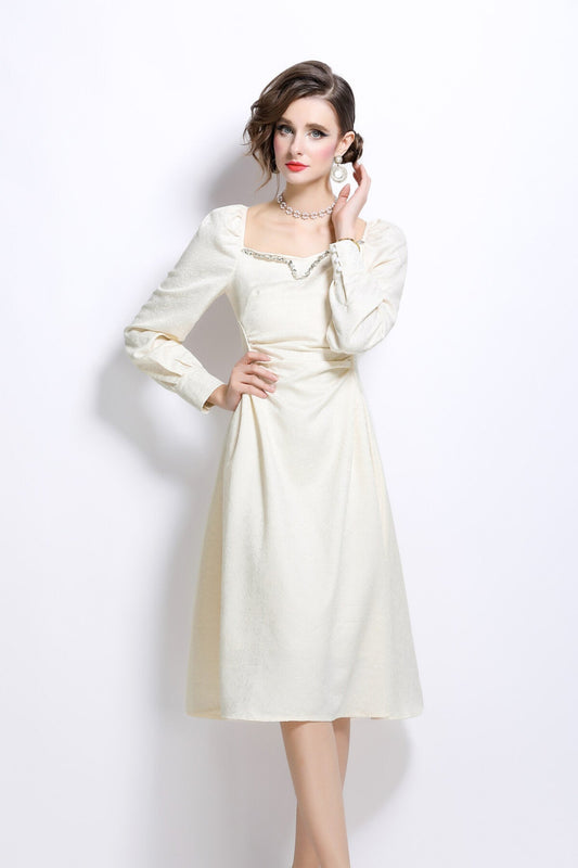 White Sweetheart Embellished Puff Sleeve Midi Dress-1