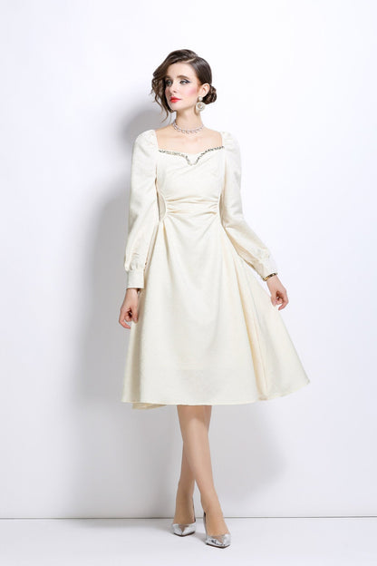 White Sweetheart Embellished Puff Sleeve Midi Dress-2