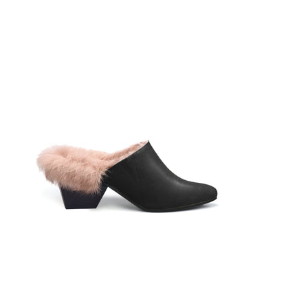 Winter Fur Lined Mules with Block Heels-2