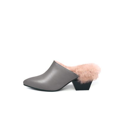 Winter Fur Lined Mules with Block Heels-6